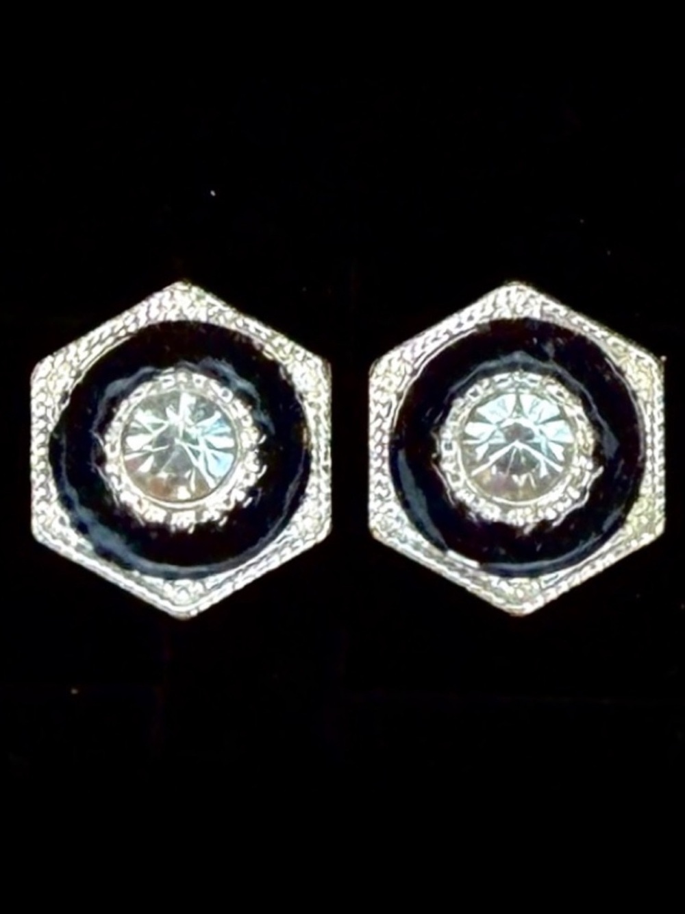Vintage silvertone and black bling pierced earrings